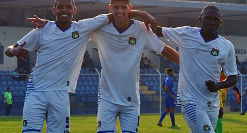 Jogadores do São Caetano comemoram um dos oito gols contra o Assisense (Foto: Divulgação)