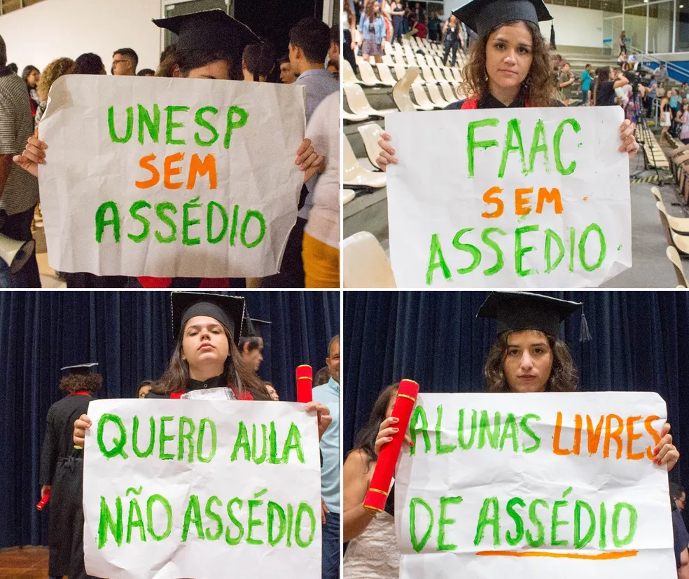 Formandas levaram cartazes para denunciar assédio de professores na Unesp de Bauru — Foto: Reprodução/Facebook