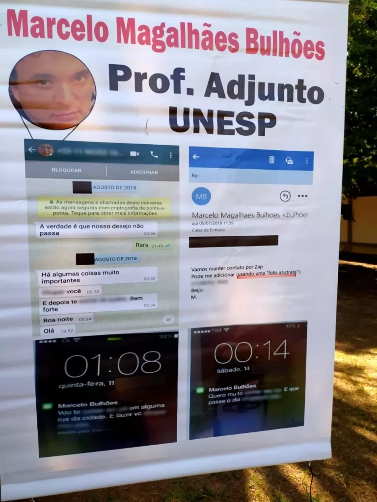 Cartazes com denúncia de assédio sexual feitos por alunas contra professor foram expostos no campus da Unesp de Bauru — Foto: Arquivo pessoal