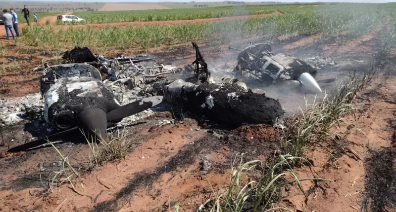 Avião pegou fogo em canavial em Mirante do Paranapanema (SP) — Foto: Polícia Militar Ambiental