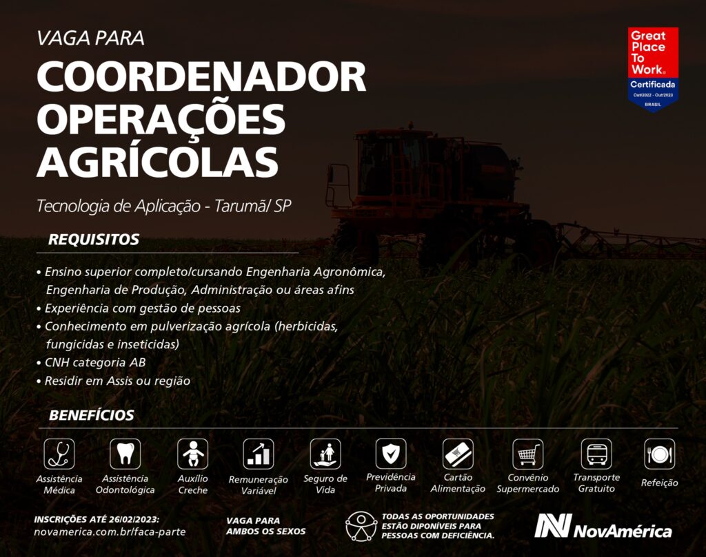 NovAmérica contrata Coordenador de Operações Agrícolas