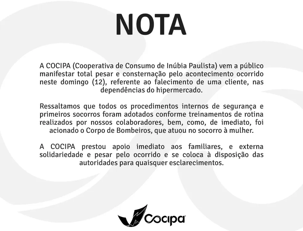 Nota oficial da Cooperativa de Consumo de Inúbia Paulista (Cocipa) sobre o acontecido deste domingo (12) — Foto: Reprodução/Facebook