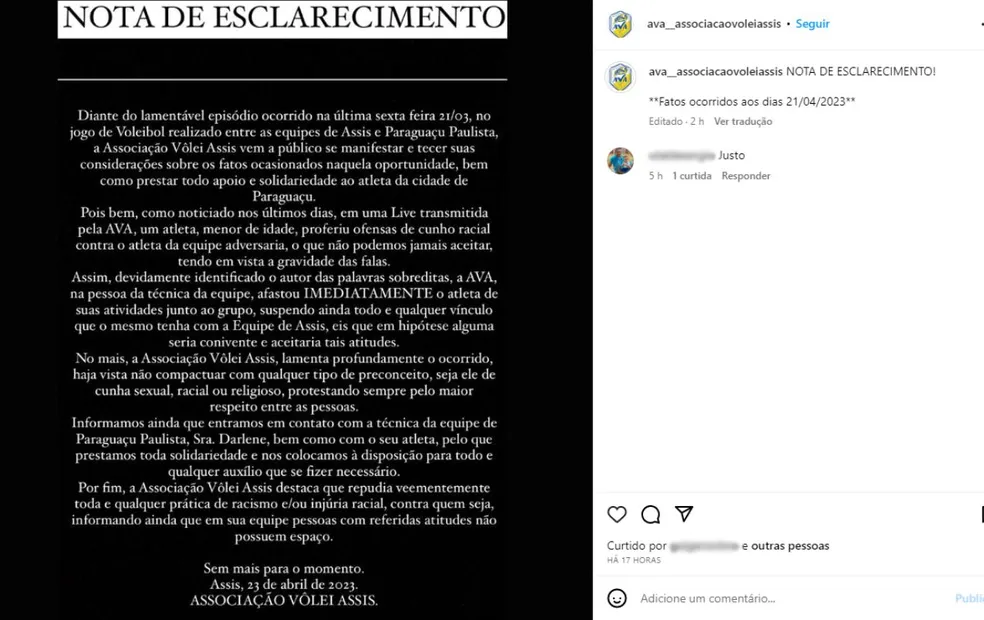 Equipe de Assis informou afastamento do atleta em nota publicada no Instagram — Foto: Reprodução/Instagram