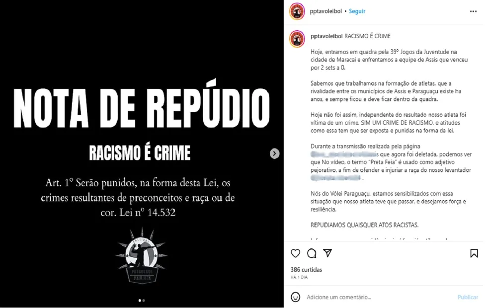 Vôlei Paraguaçu repudiou ofensas contra atleta do clube — Foto: Reprodução/Instagram