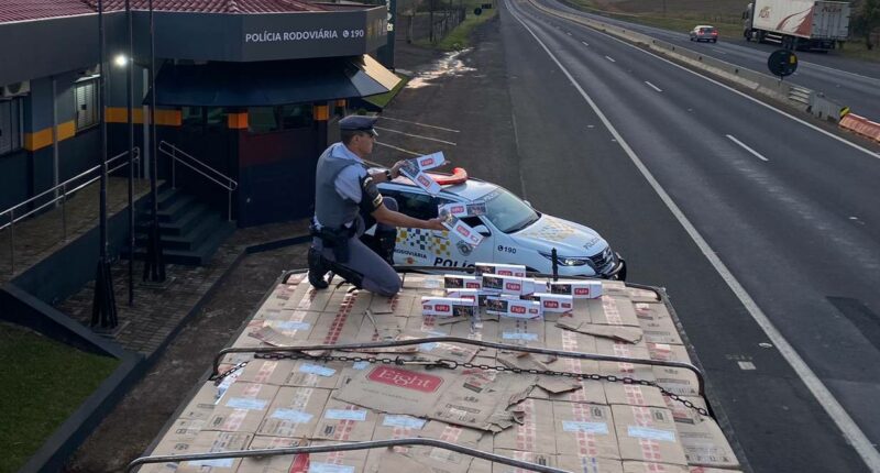 Polícia Rodoviária apreende grande carga de cigarros falsificados em Ipaussu (Foto: Divulgação/Polícia Rodoviária)